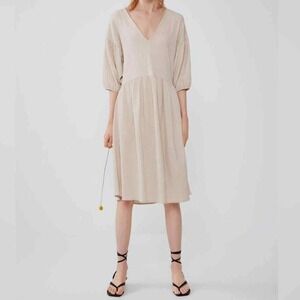 Zara Voluminous‎ Textured Weave Balloon Sleeve Midi Dress Size M Beige Oversized
